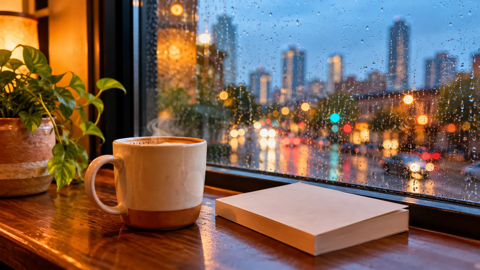 A cozy empty café window seat on a rainy afternoon