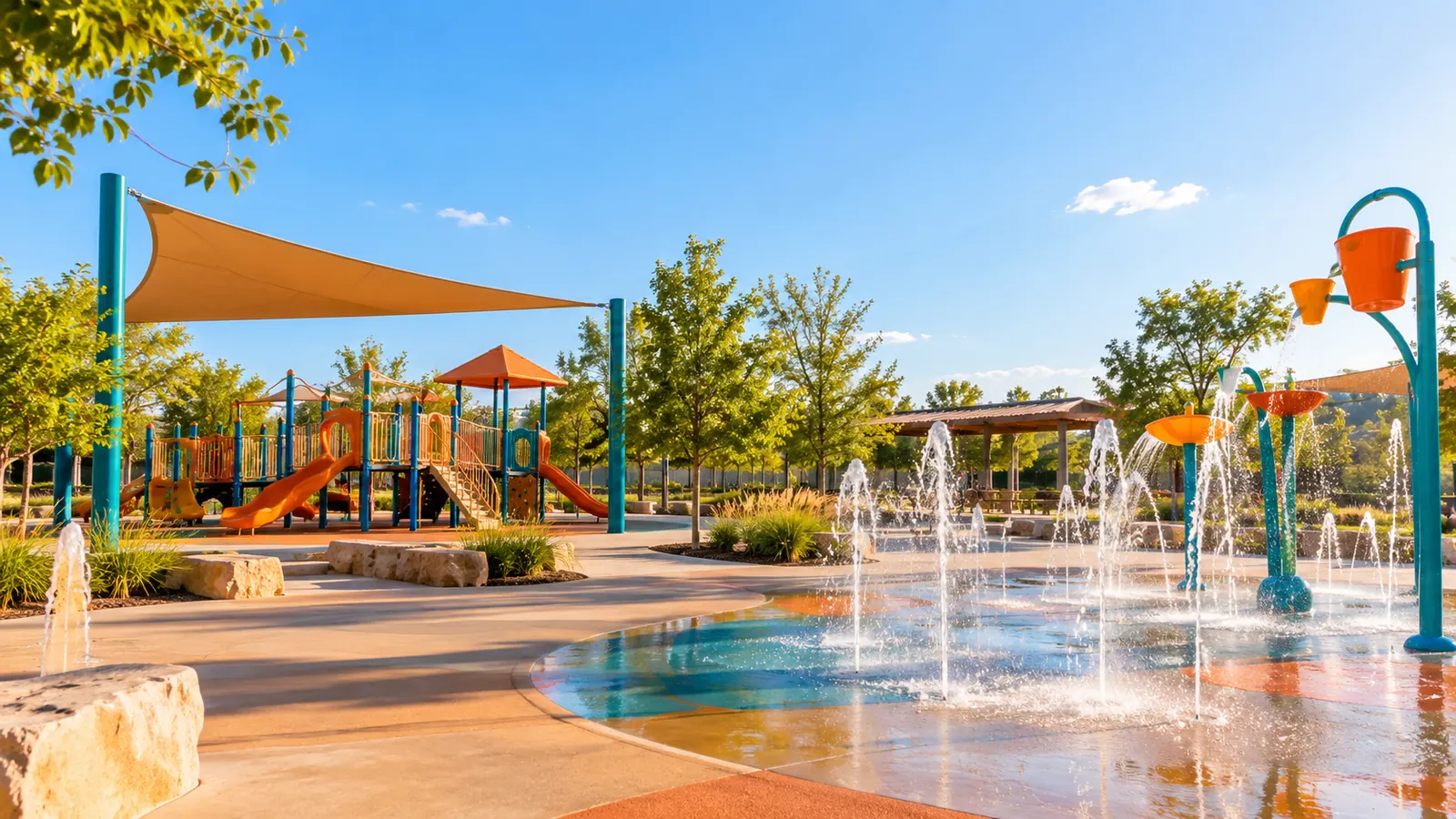 An empty colorful playground and splash pad in a city park, water fountains running, sunny afternoon