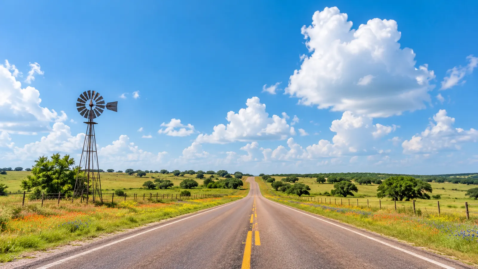 An open Texas two-lane road through green pastures with a lone windmill and big white clouds